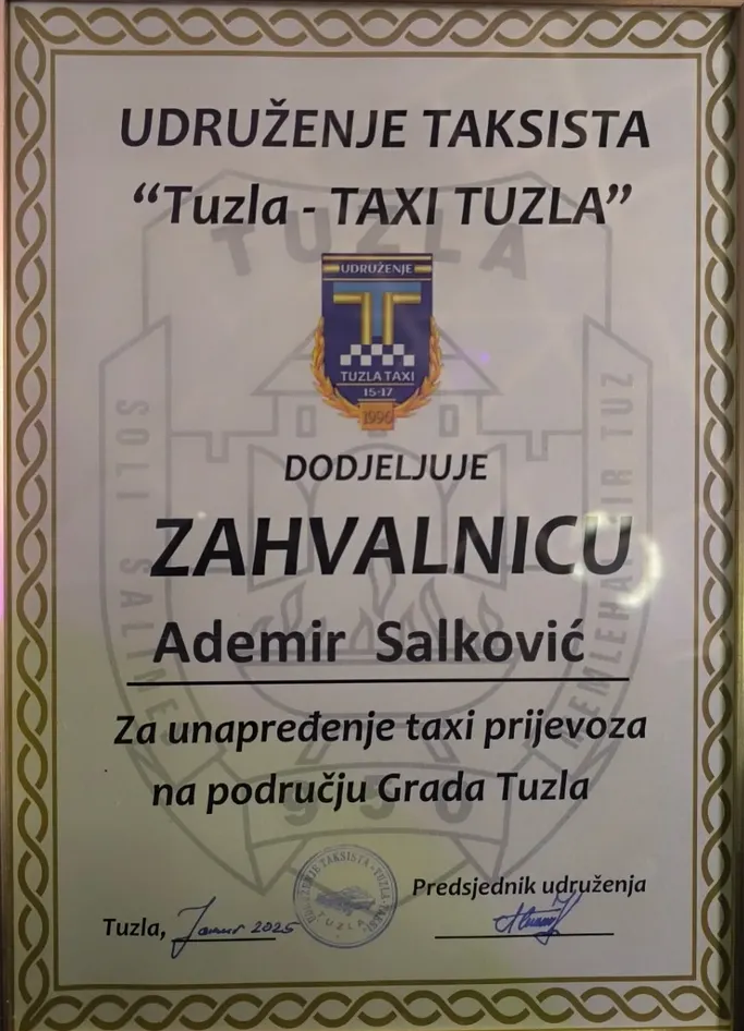 Zahvalnica - Udruženje Taksista Tuzla